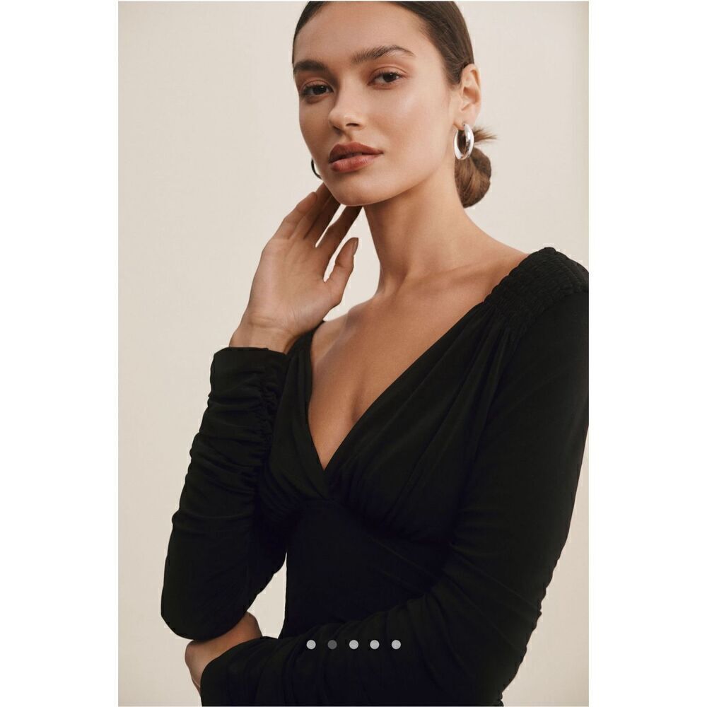 NEW Norma Kamali Tara Black Long Sleeve Dress Deep V Ruched Midi Dress - Picture 3 of 10